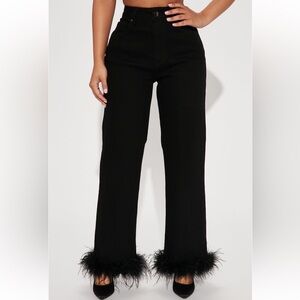Black Fancy Fur Trim Straight Leg Jeans